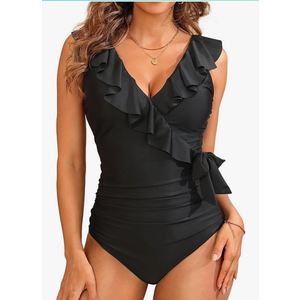 Daci One Piece Swimsuit Women Tummy Control Bathing Suit Ruffle V Neck Swimwear Full Coverage Swimsuit, Size L