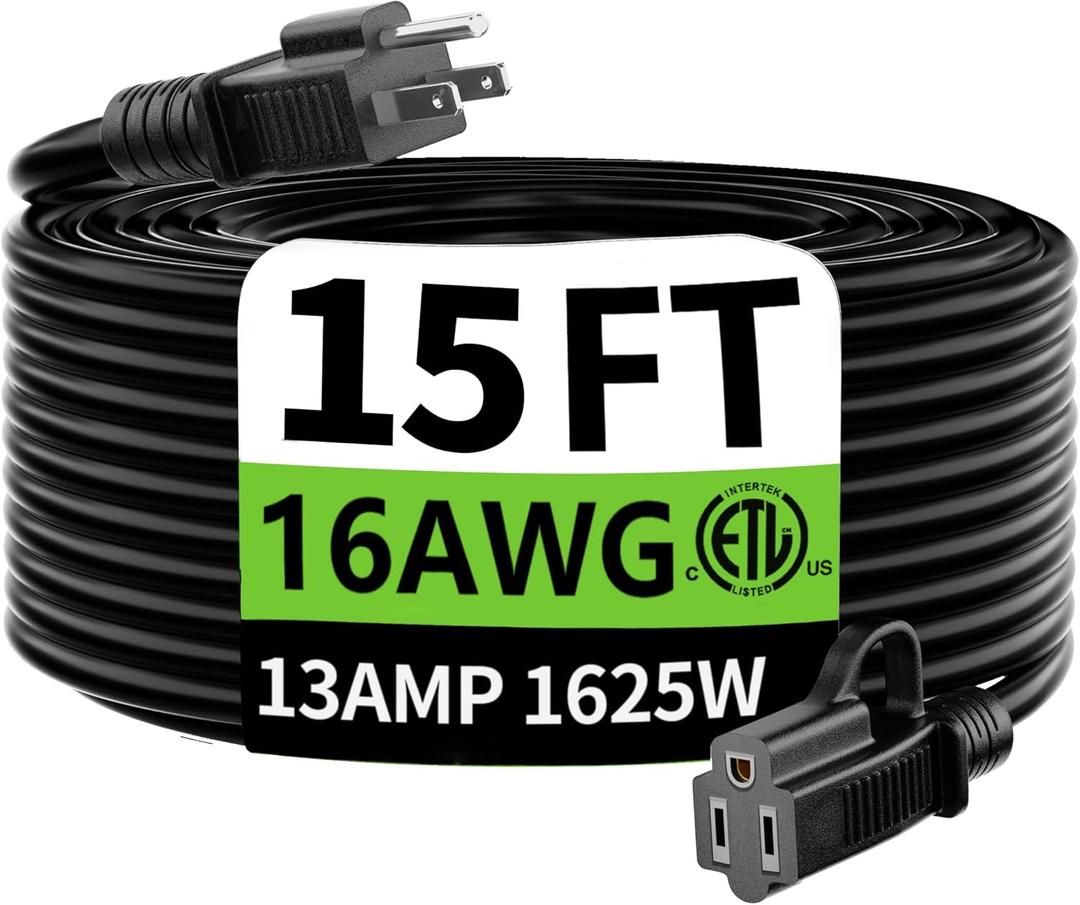 HUANCHAIN Indoor Outdoor Black Extension Cord 15 ft Waterproof, 16/3 Gauge Flexible Cold-Resistant Appliance Extension Cable Outside, 13A 1625W 16AWG SJTW, 3 Prong Electric Cord, ETL