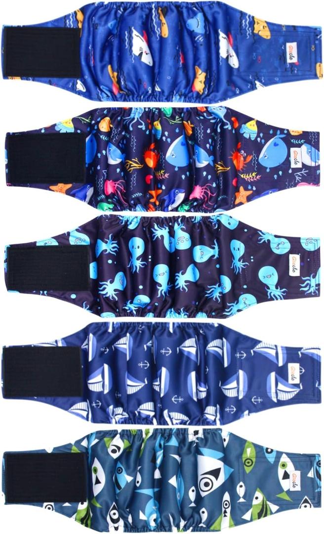 5 Pack Dog Diapers Male Reusable, Premium Belly Bands for Male Dogs, High Absorbing Male Dog Pee Wraps for Doggie in Incontinence or Excitable Urination and Training XS (Ocean)