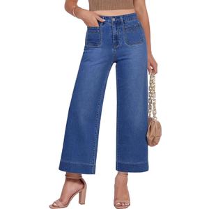 GRAPENT Cropped Jeans for Women Trendy 2026 Wide Leg High Waisted Patch Pocket Stretchy Denim Pants Short Trouser Jeans, Large