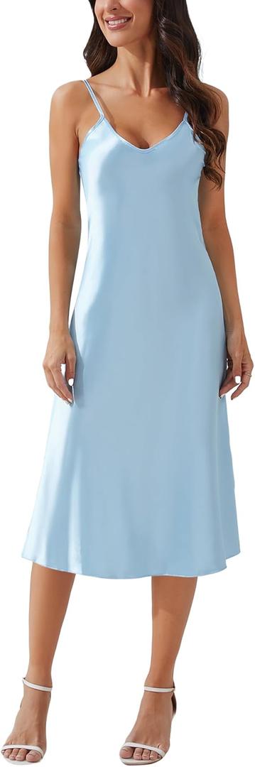 Litherday Silk Nightgown for Women Long Satin Slip Dress Nightdress Silky Chemise Nightie Soft V Neck Nightwear, Size S