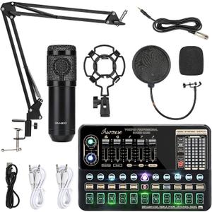 Asmuse Podcast Equipment Bundle, BM800 Condenser Podcast Microphone Bundle Kit with Live Sound Card, Streaming Audio Mixer Studio All-in-one Beginner Podcast Package for Recording YouTube TikTok (DJ)