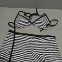 MakeMeChic Women's Striped Bikini Set Halter Triangle Tie Backless String Swimsuit with Boyshorts Black and White Large
