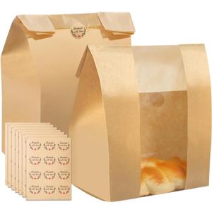 120 Pcs Paper Bread Bags with Clear Window for Homemade Breads 16 x 10 x 5 inch Paper Bakery Bags with 132 Stickers for Sourdough, Loaf, Cookie, Sandwich Packaging