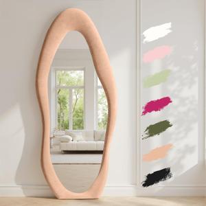 Anpark Full Length Mirror, 71"x 30" Wall Mirror, Flannel Wrapped Wooden Frame Floor Mirror, Irregular Wavy Hanging or Leaning for Bedroom Living Room Cloakroom, Milk Tea