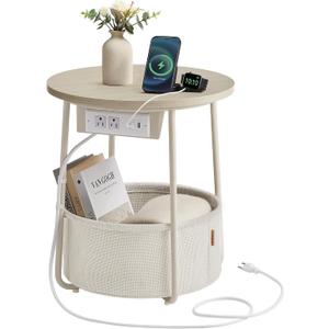 VASAGLE Side Table with Charging Station, Round End Table With Fabric Basket, Nightstand with Power Outlets USB Ports, for Living Room, Bedroom, Modern, Forest Green and Cream White ULET228C04