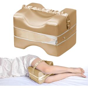 Knee Pillow for Side Sleepers with Champagne Satin Pillowcase- Adjustable Thickness Leg Pillow for Hip & Back Pain Relief, Spine Alignment Support, 11x8.5x7.5 Inch