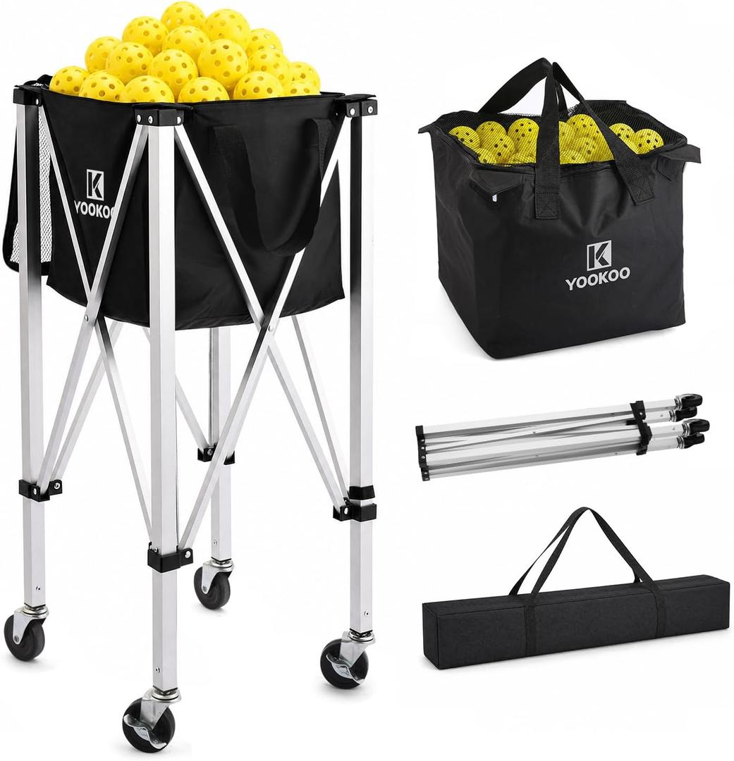 YooKoo Pickleball Basket with Lockable Wheels, Collapsible Pickleball Hopper Holds Up to 100 Balls, Sports Equipment Organizer Suitable for Ball Court, School, Garage, 12.5" 12.5" 12.5"