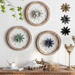 Paquesta 3 Piece Round Farmhouse Wall Decor with 6 Piece Interchangeable Flowers 12'' Medallion Wood & Metal Rustic Wall Art for Living Room Bedroom Kitchen Bathroom Dining Room Home Decorations (white wheel)