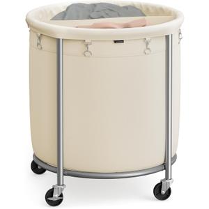 SONGMICS 63.5-Gallon (240 L) Laundry Basket with Wheels, Rolling Round Heavy-Duty Laundry Hamper Cart with Steel Frame and Removable Bag, 2 Locking Wheels, Cream White and Metallic Silver URLS012W01