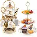 Maxcheck 21 Pcs Porcelain Tea Set for Women Tea Party with Metal Holder and 3 Tier Cake Stand Ceramic European Floral Teapot Set for Adults Mother's Day Christmas Thoughtful Gift(Classic Style)