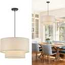 VILUXY Drum Fabric Pendant Light Farmhouse White Chandelier Double Drum Shade Hanging Ceiling Light Fixture 3 Lights Linen for Bedroom Dining Room Living Room Entryway