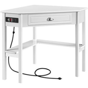 Yaheetech L Shaped Corner Computer Desk with Power Outlets, Reversible Triangle Workstation with USB Ports and Hook for Small Space, Modern Home Office Desk Gaming Table with Drawer & Shelf, White (Large)