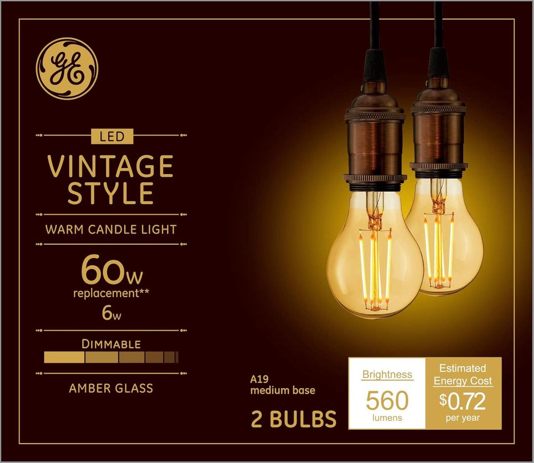 GE Lighting Vintage Style LED Light Bulbs, 6 Watts (60 Watt Equivalent) Warm Candle Light, Amber Glass, Medium Base, Dimmable (2 Pack)
