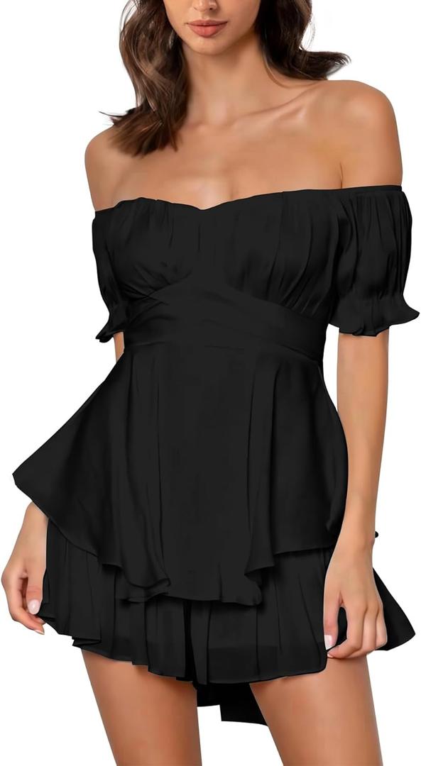 Off the Shoulder Rompers for Women Dressy Short/Long Sleeve Romper Ruffle Layer Back Tie Mini Short Jumpsuits (Large)