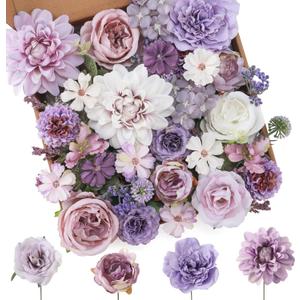 Floweroyal Artificial Flowers Combo Purple Flowers Mix Silk Flowers Dahlia Roses with Stems for DIY Wedding Bridal Bouquets, Baby Shower, Floral Arrangement, Table Centerpieces, Home Decorations.