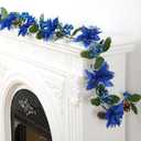 Syhood 6.5ft Prelit Poinsettia Flower Garland Valentine's Day Decor Artificial Lighted Garland Battery Operated Glitter Berries Leaves for Christmas Mantle Home Indoor Outdoor Decor(Blue,1 Pcs)