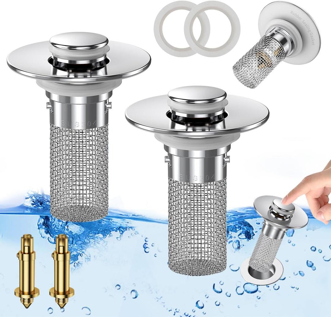 Bathroom Sink Drain Strainer, Pop-up Sink Drain Strainer with Removable Stainless Steel Strainer Basket Hair Catcher, Bathroom Sink Strainer for Bathroom Sink Stopper Replacement. (2PCS)