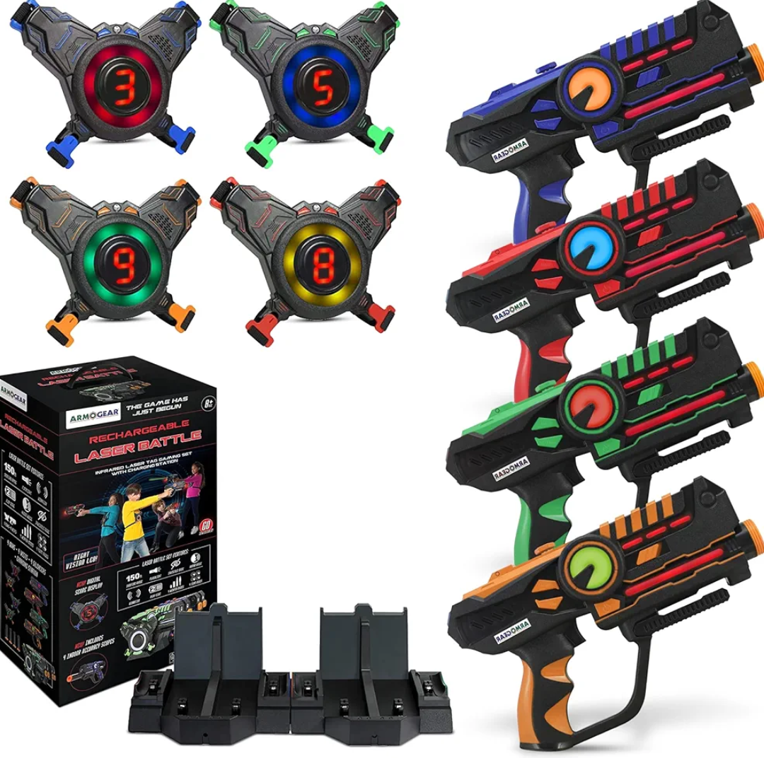 ArmoGear Laser Tag Guns with Vests Set of 4 - Adult Laser Tag Guns, Multiplayer Lazer Tag Set for Kids, Teens, and Adults - Indoor and Outdoor Game for Family Fun - Gift for Boys and Girls, Ages 8+, Missing Parts, Missing One Gun, One Charger, One Mu
