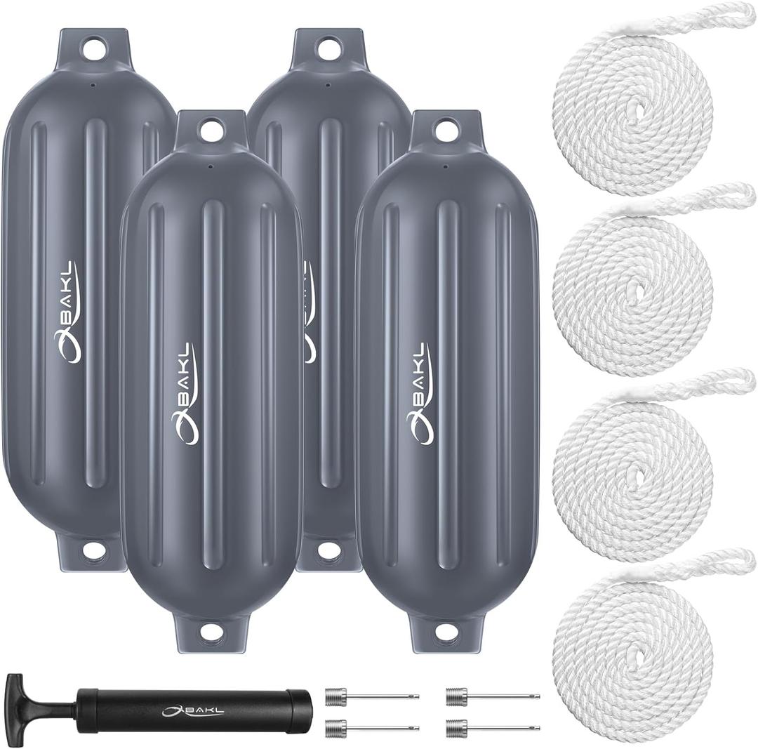 Boat Fenders 4 Pack 8.5 x 27 Inches Ribbed Twin Eyes Boat Fenders Bumpers for Docking, Comes with Ropes and Pump to Inflate