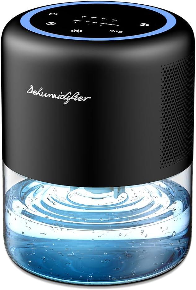 44oz(1.3L) Small Dehumidifier for Home, Auto-Off Quiet Portable Dehumidifier with 3 Modes, 10 Color Lights, 4 Timer Settings for Bedroom Bathroom Closet, Black(215 sq.ft)