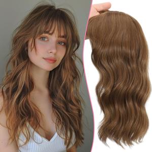 TYQ Hair Toppers for Women with Thinning Hair 18 Inch 360° 3D Synthetic Toppers Hair Pieces Curly Wavy Wispy Clip in Bangs(Coffee Brown)