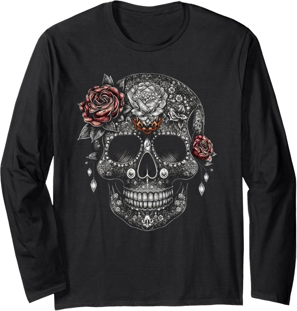 Floral Mexican Skull Day of the Dead Dia De Muertos Women Long Sleeve T-Shirt, S