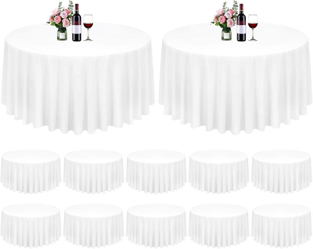 12 Pack White Round Tablecloth 120 Inch Circle Polyester Tablecloth, Washable Fabric Stain and Wrinkle Resistant Round Tablecloths for Wedding Parties Banquet Reception Dining