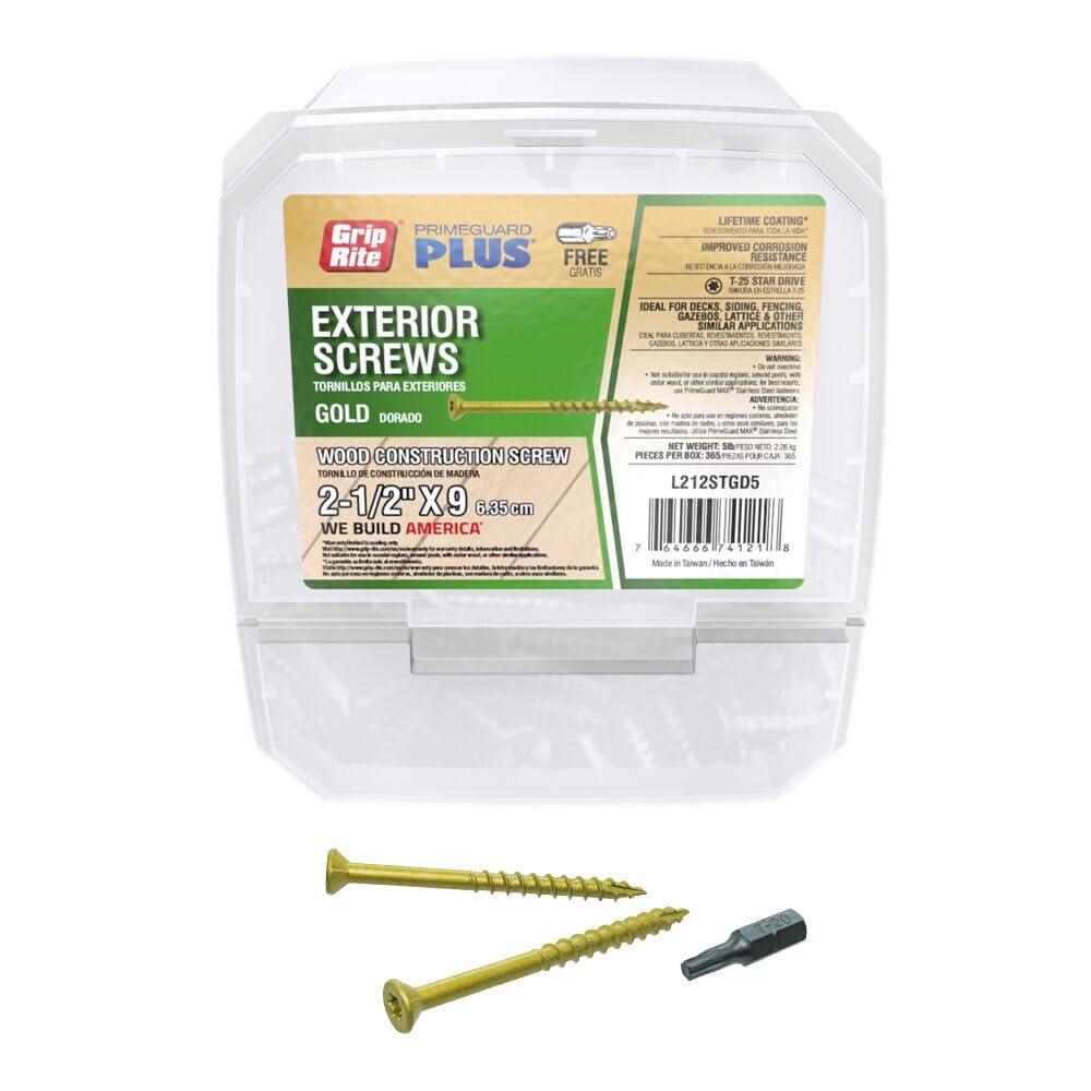 Grip-Rite PrimeGuard Plus Premium Deck Screws for Outdoor Projects - Bugle Head - T-25 Star Drive - Coarse Thread Wood Screws - 9 x 2-1/2" - 5 Lb Box - Gold - L212STGD5