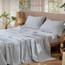MooMee Gingham Sheet Set 100% Washed Cotton Linen Like Textured Breathable Soft w/Fully Elasticized 16-19" Deep Pocket (Classic Gingham Cornflower Blue, Queen)