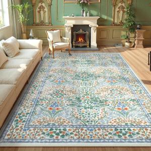 Lahome Floral Washable Rugs 8x10, Soft Green 8x10 Area Rugs for Living Room Bedroom, Boho Non-Slip Forest Stain Resistance Large Throw Carpet for Farmhouse Dining Room Office Giverny, Green