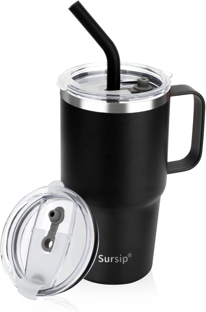 Sursip 24 oz Insulated Cup with Handle, Double Wall Vacuum Stainless Steel Tumbler with Straw and 2 Lids, For Cold/Hot Drinks, Coffee Travel Mug for Car/Home/Office/Party/Camping (Black-1 Pack)