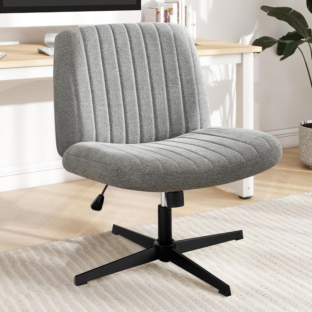 DUMOS Criss Cross Chair Legged Office Wide Comfy Desk Seat, No Wheels Armless Computer Task Seating, Swivel Vanity Home Height Adjustable, No Wheels-Fabric