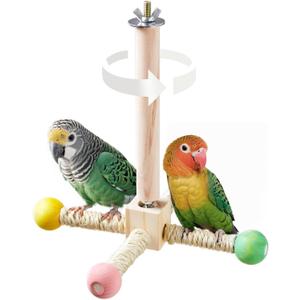 Bird Stand Perch Toy, Interactive Spinning Parakeet Toys, Wooden Exercise Wheel Parrot Toy, Enrichment Cockatiel Toy for Birds Cage, Bird Cage Accessories Perch Toys for Budgies (S) (Hemp Rope)