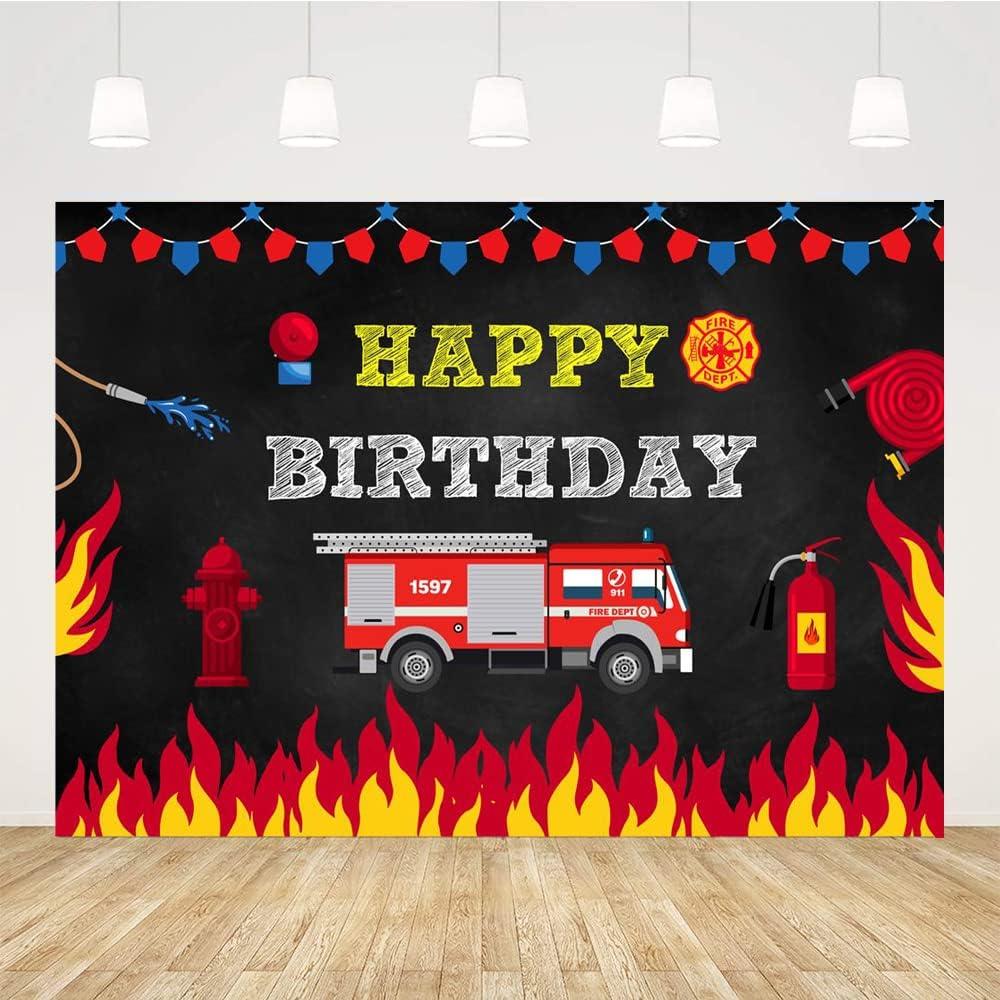 Fireman Birthday Backdrop for Boys - Firefighter Happy Birthday Background with Firetruck - 5x3ft Kids Party Backdrop