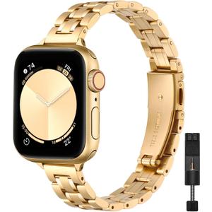 STIROLL Thin Replacement Band Compatible for Apple Watch 49mm 46mm 45mm 44mm 42mm(Series 3 2 1), Stainless Steel Metal Wristband Women Men for iWatch Ultra SE Series 10 9 8 7 6 5 4, Gold