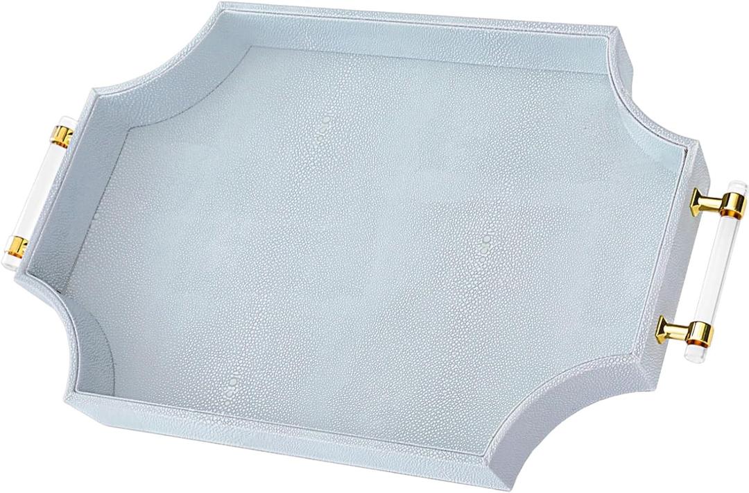 22.6''  13'' Coffee Table Tray Shagreen Decorative Tray for Ottoman Home Decor Serving Tray with Acrylic Gold Handles Modern Elegant Scalloped Large Ottoman Tray (Ice Blue)