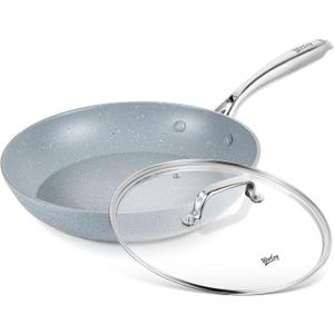 12 Inch Nonstick Frying Pan with Lid, Blue Marble Skillet with Stone-Derived Coating, APEO & PFOA Free, With Soft-touch Ergonomic Handle, Oven Safe and Induction Compatible