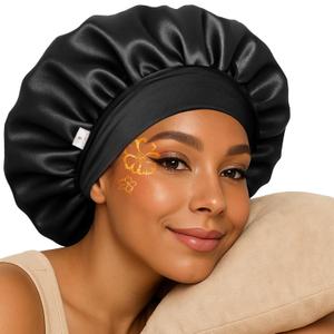 YANIBEST Silk Bonnet for Sleeping Women, Double Layer Hair Satin Bonnets with Elastic Band, Sleep Cap Curly Natural Hair (One Size, Black)
