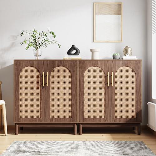 Tribesigns Set of 2 Rattan Sideboard Buffet Cabinet with Storage, 59 Inch Accent Cabinet for Dining Room, Living Room, Kitchen, Rattan and Dark Brown