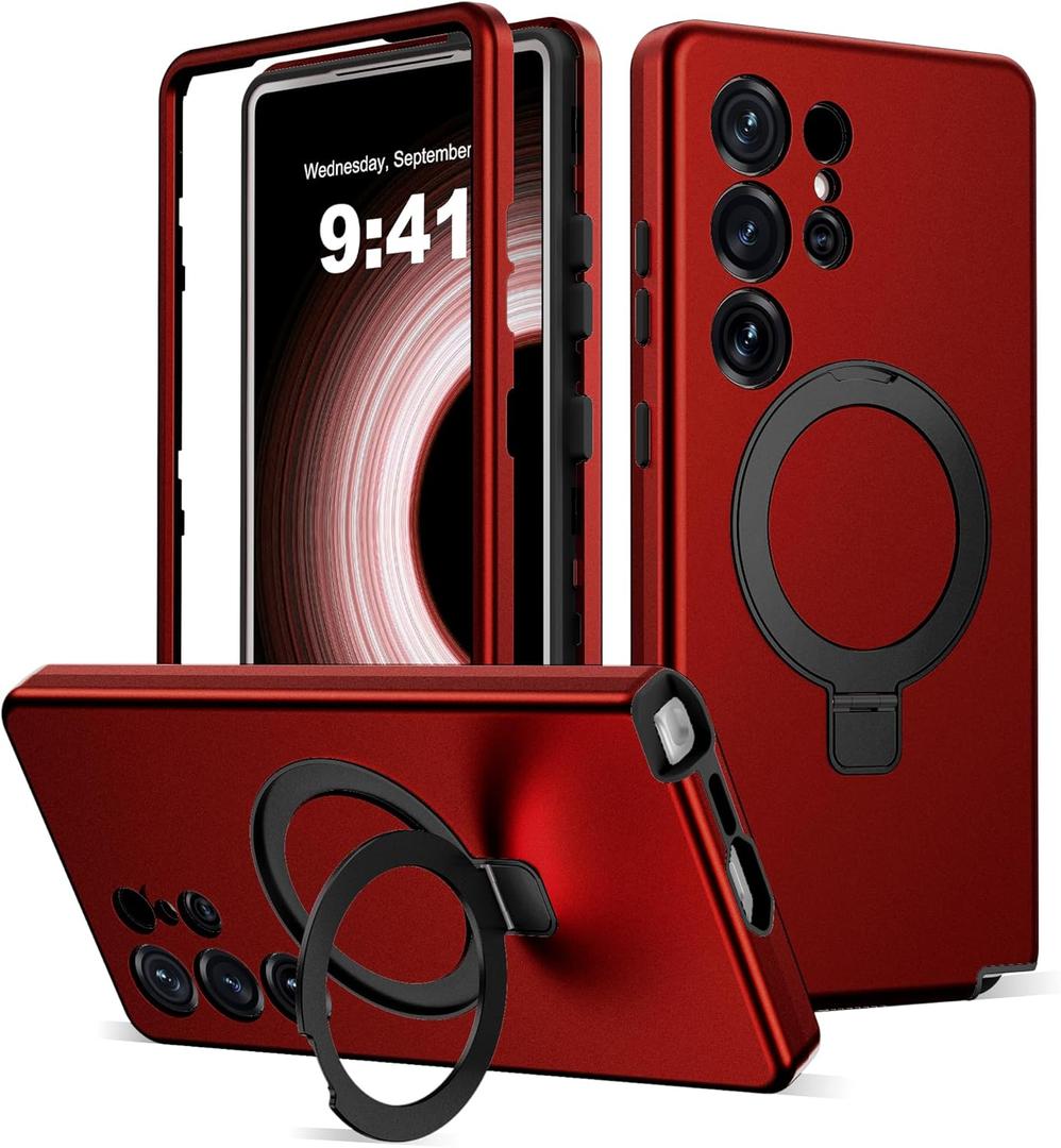 Designed for Samsung Galaxy S25 Ultra Case with Magnetic Ring Stand [Compatible with Mag-Safe][Military Grade Drop Protection][Build in Kickstand] S25 Ultra Phone Case 6.9",Red 