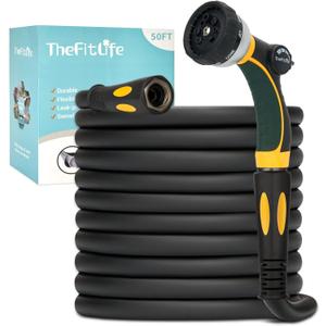 TheFitLife Garden Flexible Hose - Heavy Duty Kink Resistant Water Hose with Soft Grip Handle and 8 Function Nozzle, Durable, Strength and Leak Proof Hose for Gardening, Outdoor, Yard (50ft)
