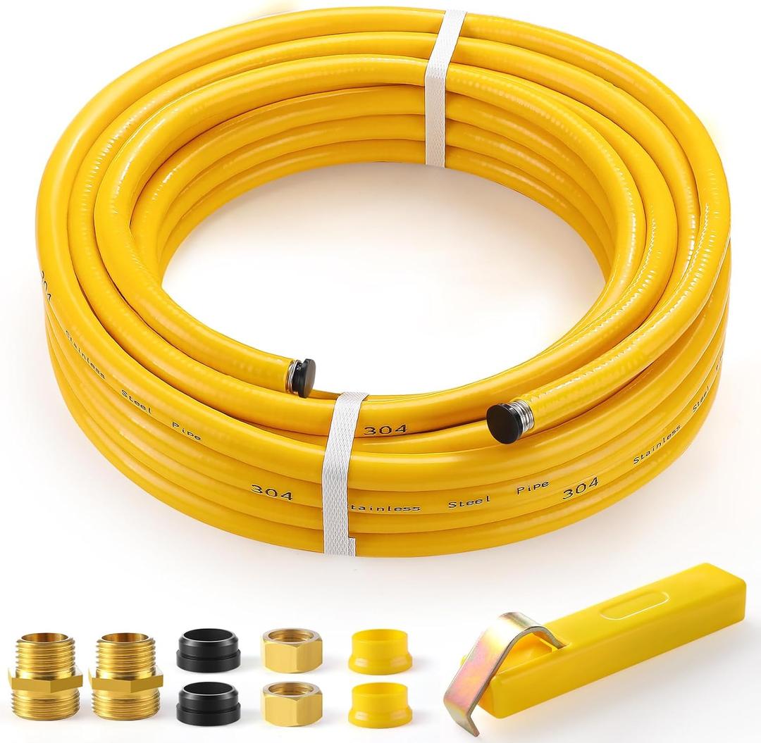 1/2" CSST Gas Line for Natural Gas & Propane | Flexible Corrugated Stainless Steel Gas Tubing with PVC Cover, Brass Fittings Included | Gas Pipe for Grills, Heaters, Stoves, Generators (33ft)