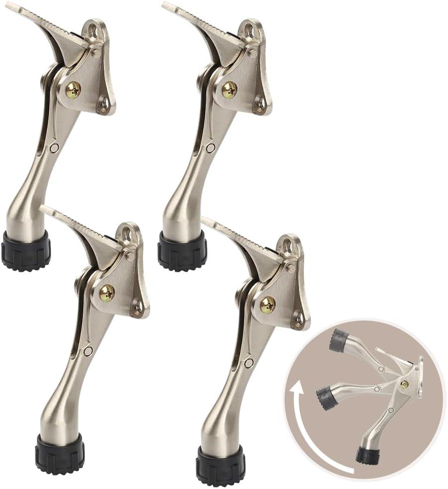Kickdown Door Stopper 4 Inches - 4 Packs One Touch Adjustable Height Door Stop for The Bottom of Door Zinc Alloy Metal Door Stopper with Rubber Tip & Wall Protectors for Wide Doors Satin Nickel