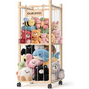 Stuffed Animal Storage: Wood Plush Toy Organizer, Stuffed Animal Zoo with Mesh Net, Stuffed Animal Holder with Brake Wheels, Space Save Stuffed Animal Cage for Kids Room Playroom Nursery Bedroom