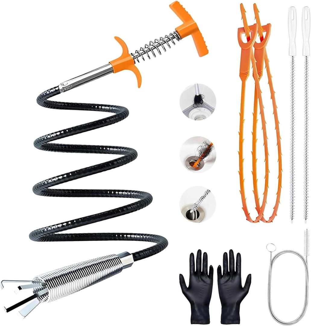63 Inch Drain Snake Hair Drain Clog Remover Tool, Flexible Sink Snake Drain Cleaner Tool Set, Plumbing Snake for Toilet Sewer Shower Kitchen Bathroom Tub Clogged Hair Removal Cleaning Tool Set