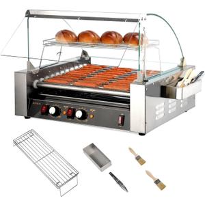 ROVSUN Commercial Hot Dog Roller, 11 Rollers 30 Hot Dog Machine Roller Grill Cooker w/Cover, Dual Temp Control, LED Lighting, Removable Shelf & Drip Tray for Party Home ETL1650W