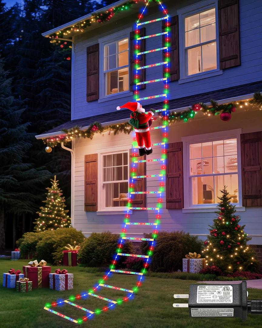 338 LED Christmas Lights Indoor Outdoor Decorations, 10FT Christmas Decorative Ladder Lights with Santa Claus 8 Modes Waterproof Xmas Tree Light for Garden Window Home Wall Decor, Multicolor