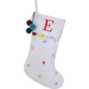 19.5 Inches Initial Monogram White Christmas Stocking Personalized, Embroidered Letter Fleece Christmas Stocking with pom poms Decoration for Family Christmas Holiday Party Decor-E