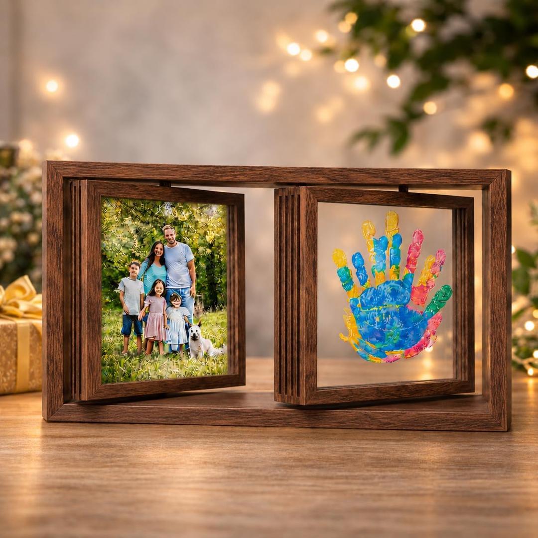 Family Handprint Frame Kit, Dual Rotating Photo & Handprint Display, DIY Keepsake Craft with Wooden Frame, Non-Toxic Paints, Baby Hand & Footprint Kit, Gift for Grandparents & New Parents (Brown), Dual Spin - Handprint & photo